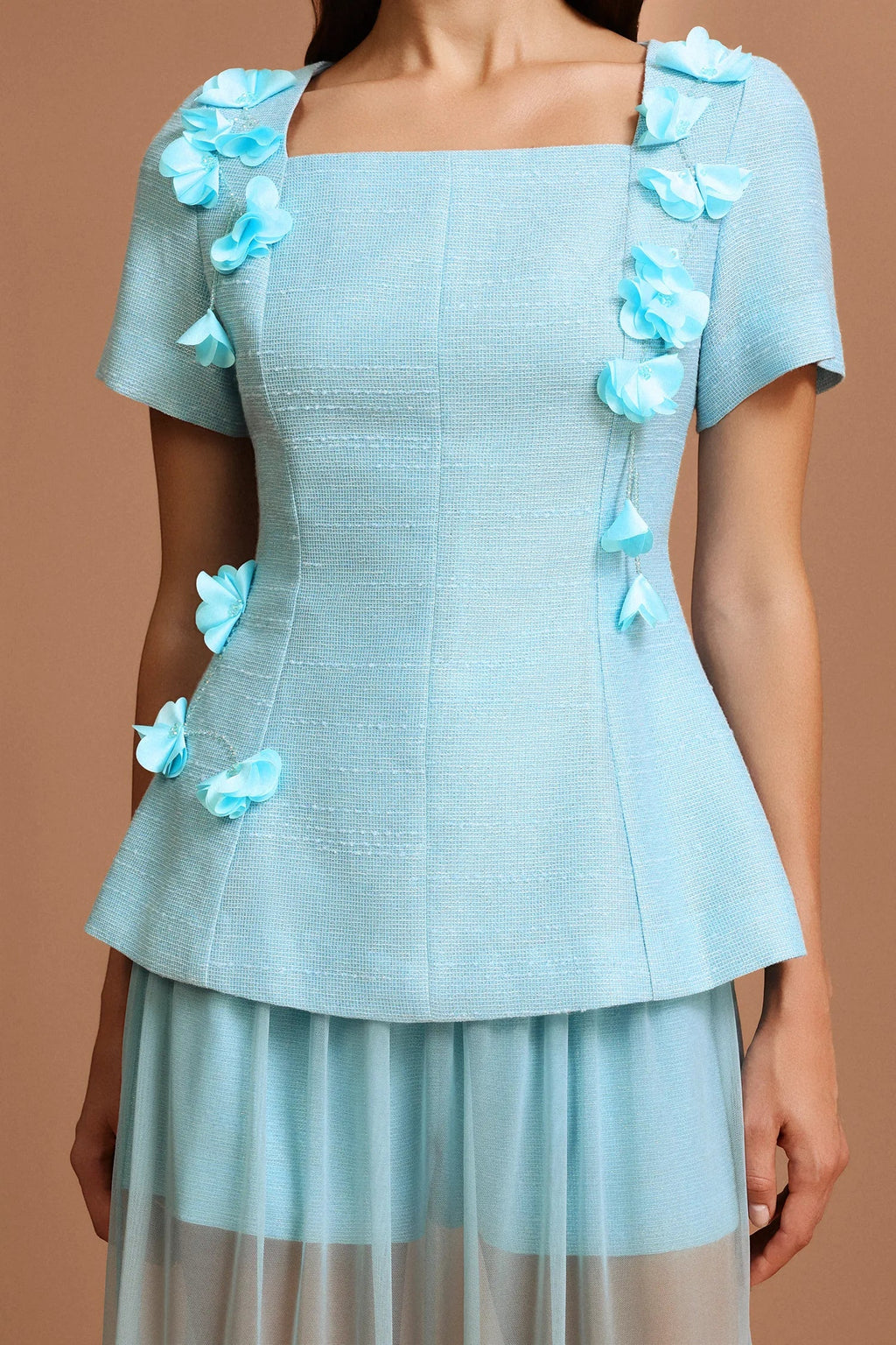ursula blue Short Sleeves Flowers Folds Top And Skirt Two-Piece Set Avalabel
