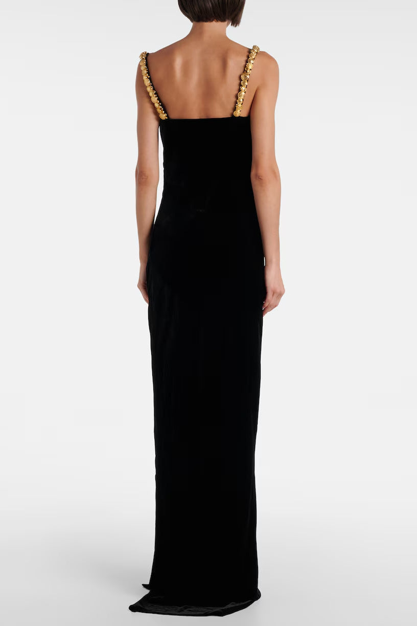 mag black Metal chain strap square neck velvet maxi dress Avalabel