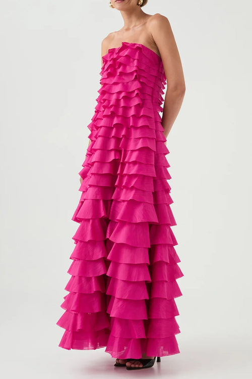 Cathy Pleated Layer Strapless Maxi Dress in Rose Red Avalabel