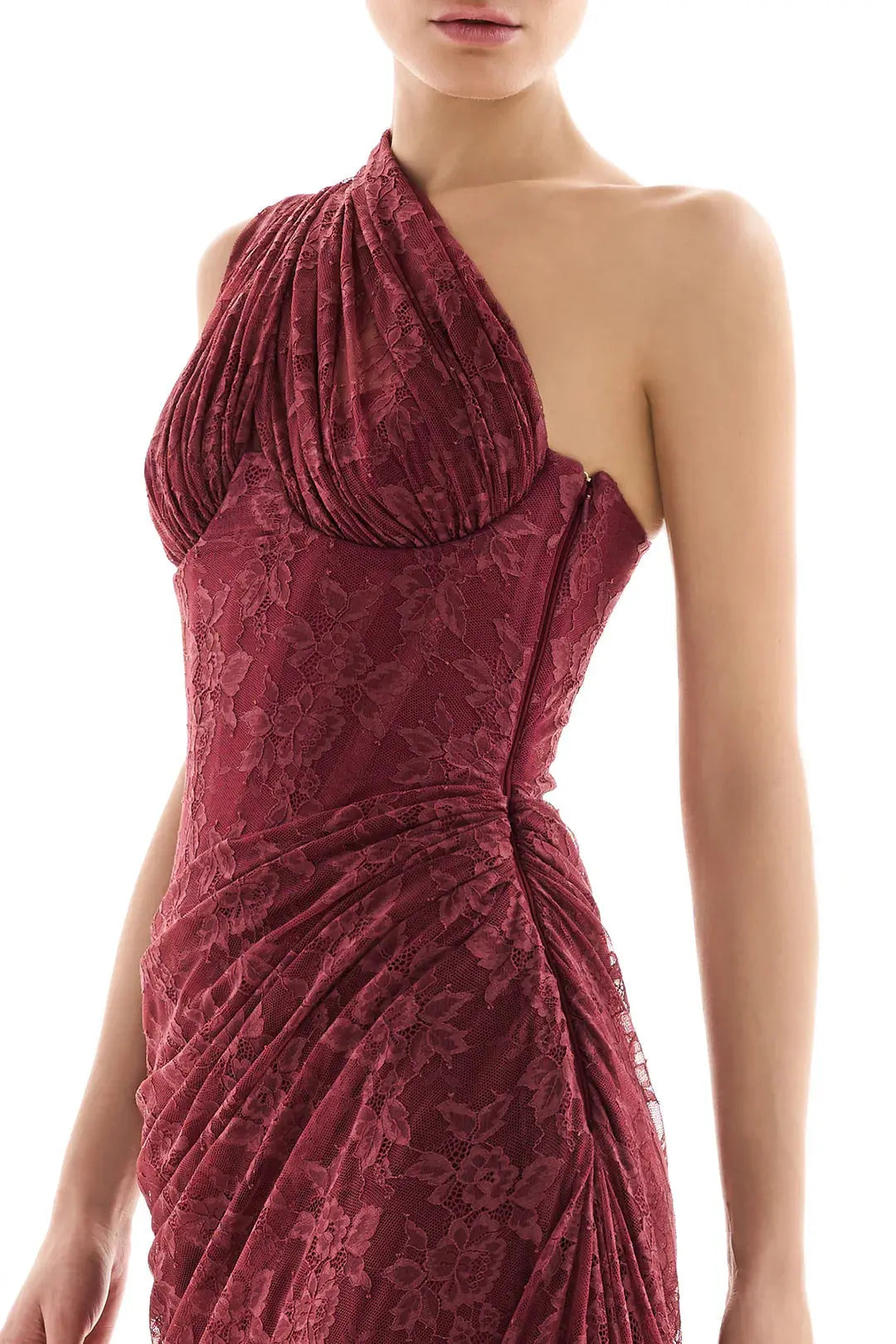 Wendy one-shoulder Lace maxi Dress In Burgundy Avalabel