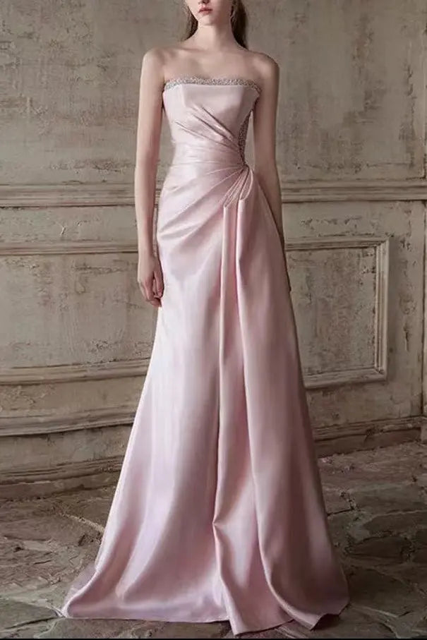 Mermaid Ruched Strapless Beading Pink Prom Dress Avalabel
