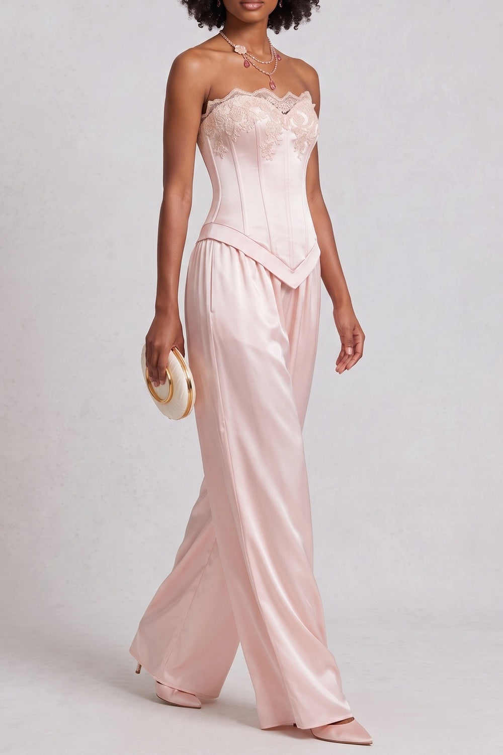 Strapless Lace Trim Satin Top & Wide Leg Pant Co-ord Set poava