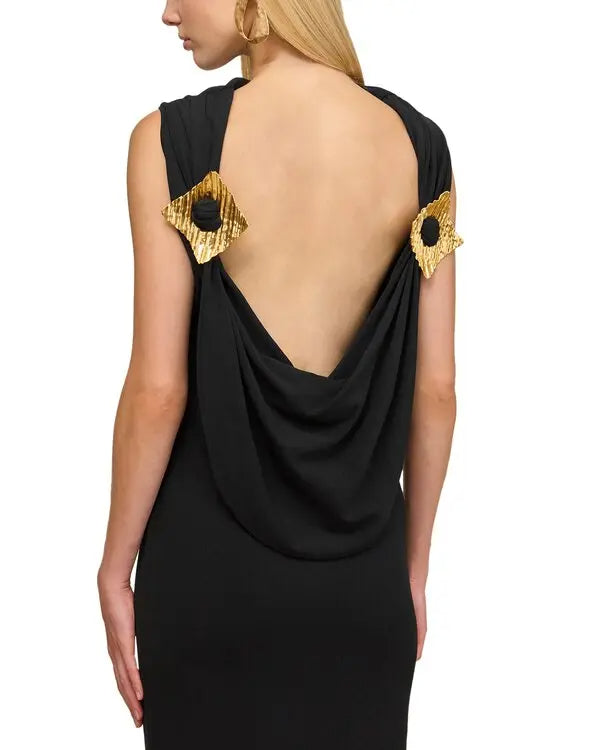 black sleeveless backless knit midi dress with two pleated golden embellishments Avalabel