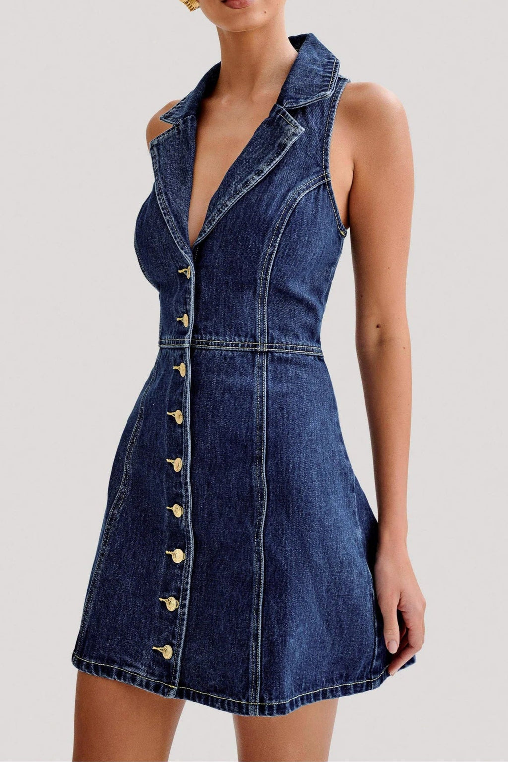 Eartha Collared Denim Mini Dress - Dark Blue Avalabel