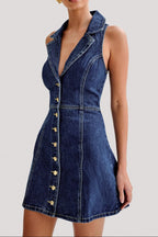 Eartha Collared Denim Mini Dress - Dark Blue Avalabel