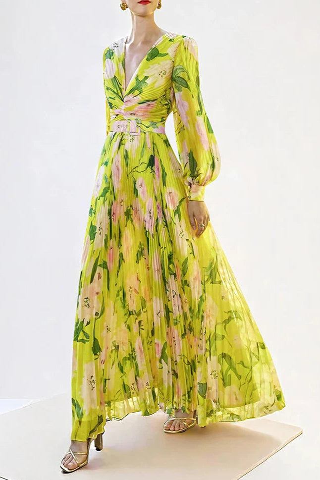 V-Neck Silk Printed Pleated Maxi Dress in Yellow