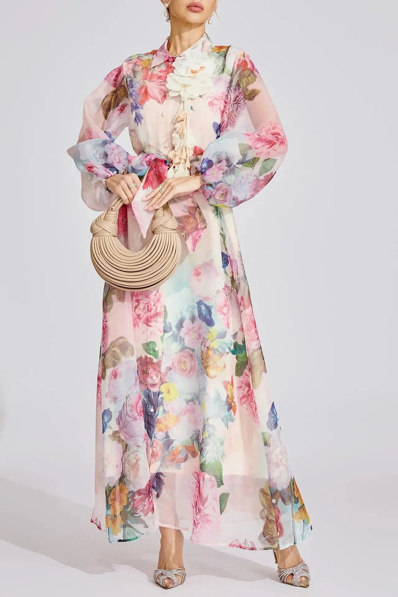 Vivien Pink Floral Printed Lantern Sleeve Maxi Dress Avalabel