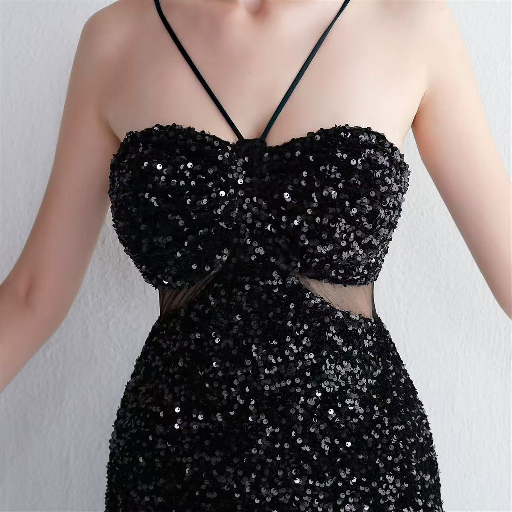 MARIAN BLACK CUTOUT SEQUINS HALTER MAXI DRESS Avalabel