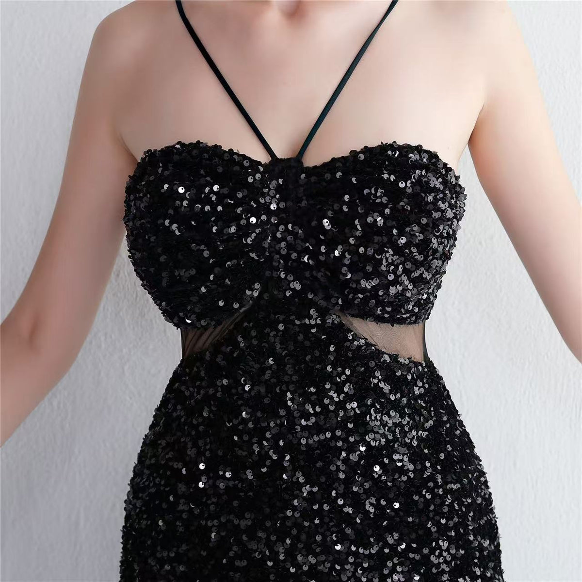 MARIAN BLACK CUTOUT SEQUINS HALTER MAXI DRESS Avalabel
