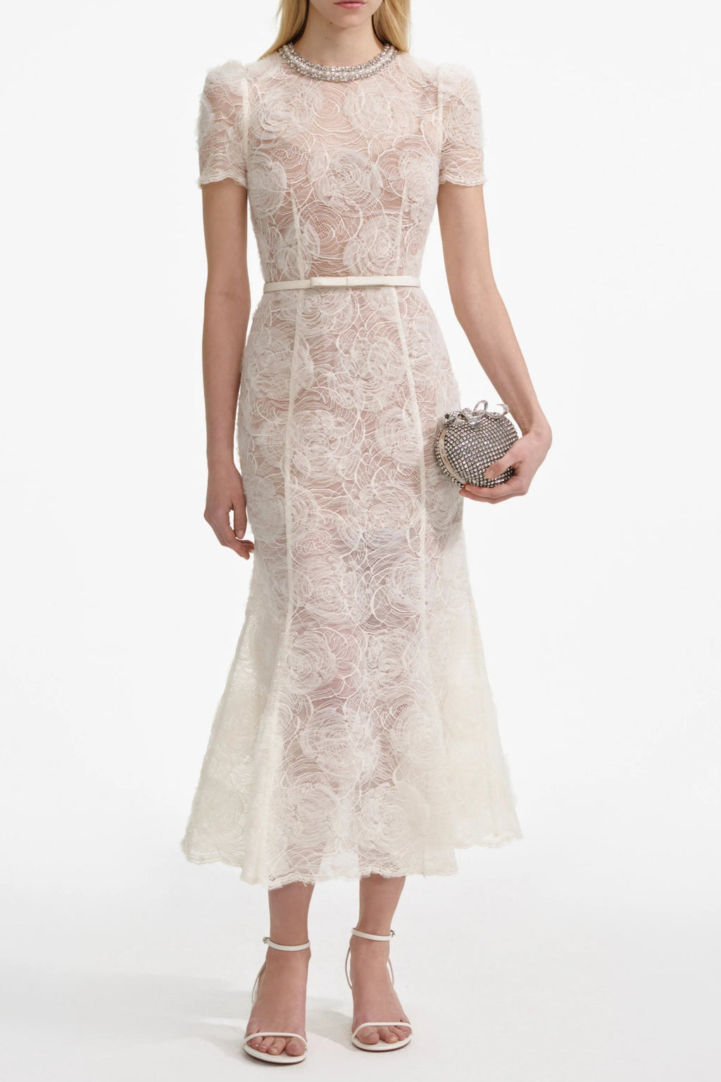 Tulle Lace Diamante Midi Dress in Beige Avalabel