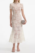 Tulle Lace Diamante Midi Dress in Beige Avalabel