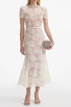 Tulle Lace Diamante Midi Dress in Beige Avalabel