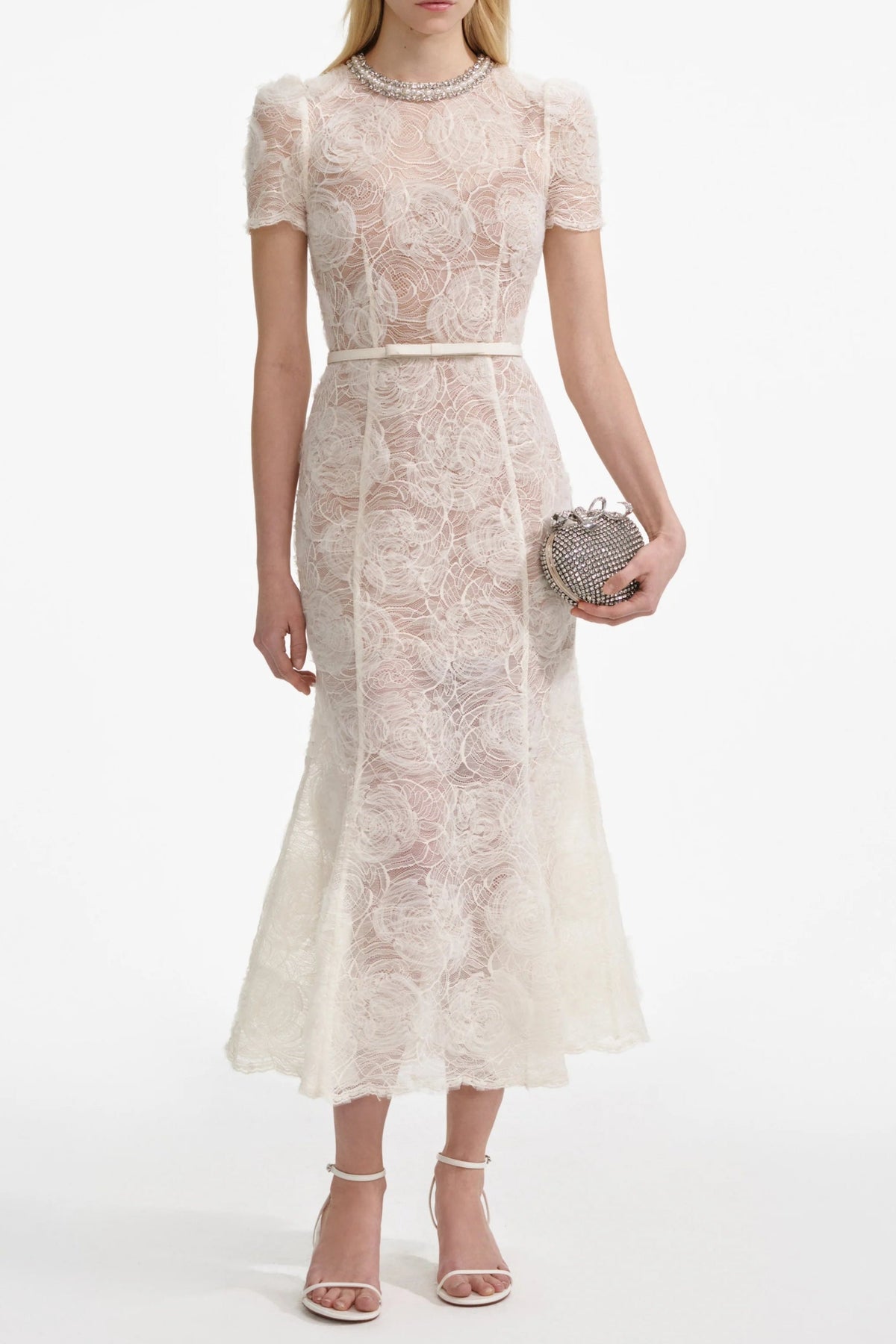 Tulle Lace Diamante Midi Dress in Beige Avalabel