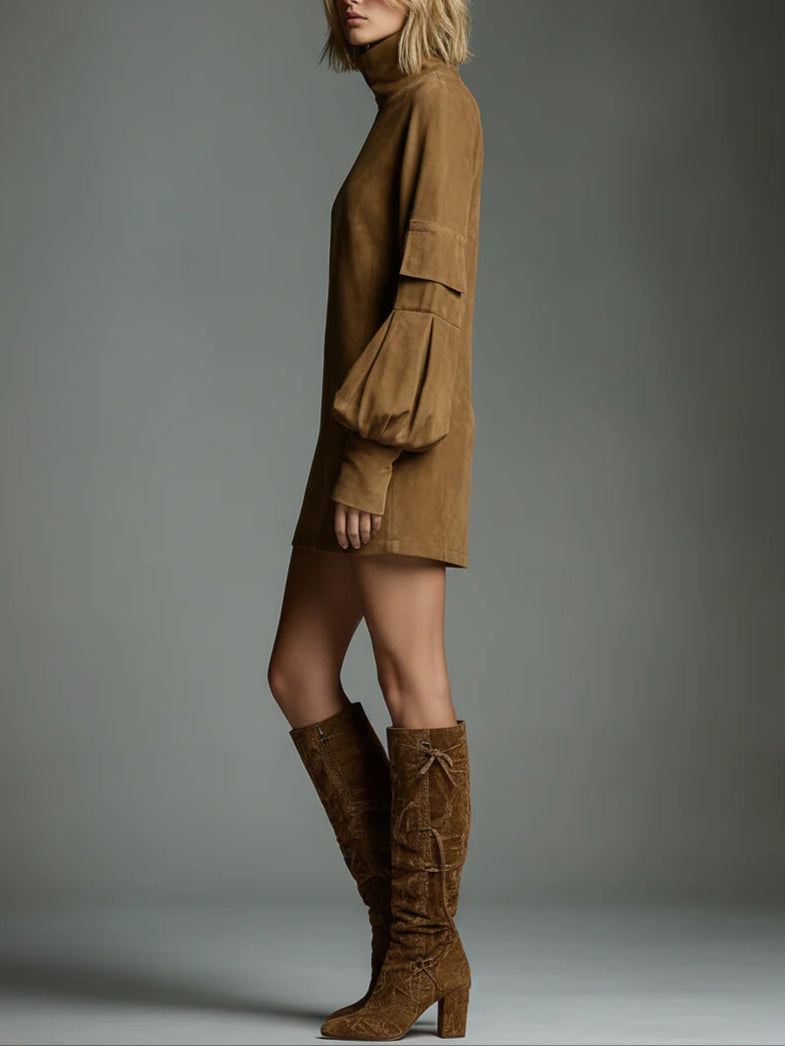 Loose turtleneck mini dress made of suede Avalabel
