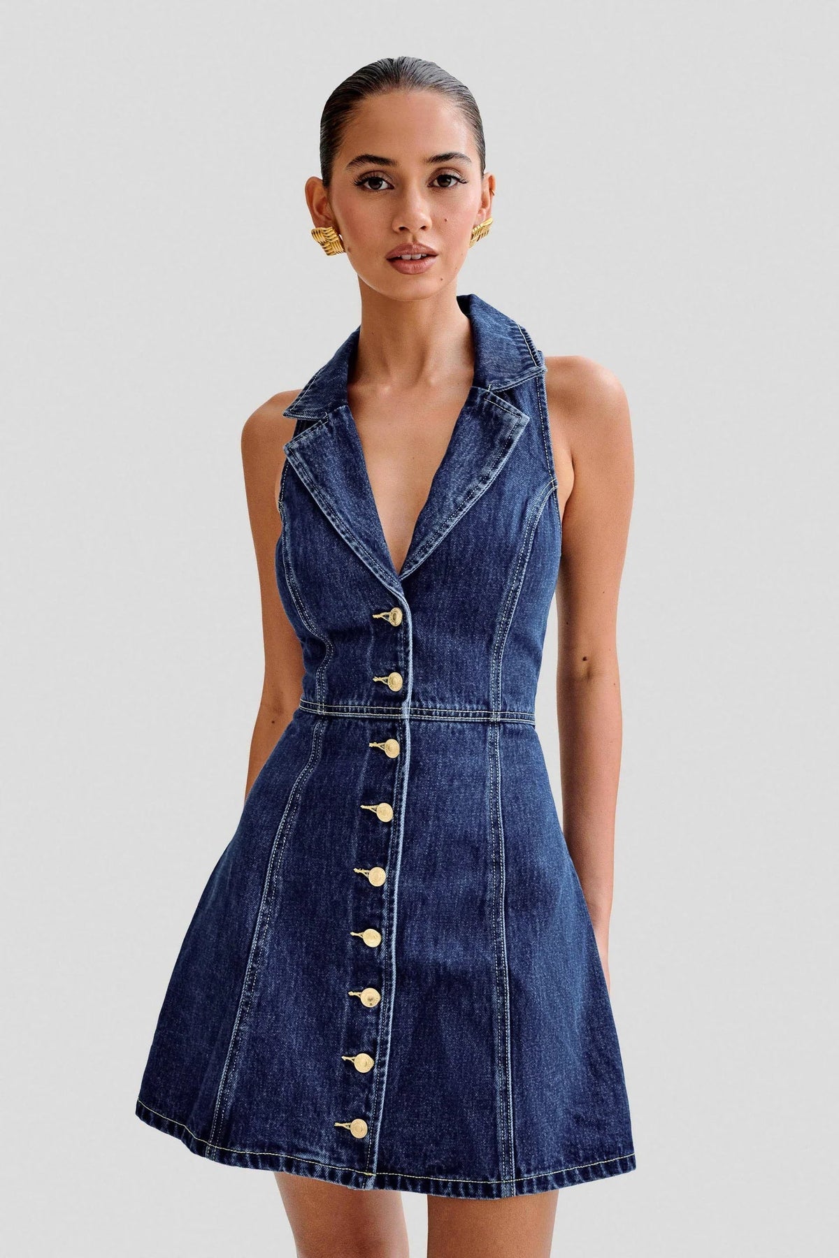 Eartha Collared Denim Mini Dress - Dark Blue Avalabel