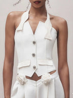Halter Neck Vest Flower Embellished Pants Suit in Ivory Avalabel