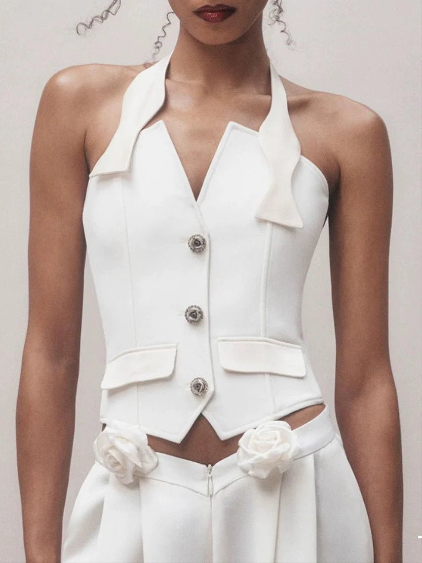 Halter Neck Vest Flower Embellished Pants Suit in Ivory Avalabel