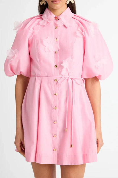 Elvira 3D-Petal Belted Mini Shirt Dress in Pink