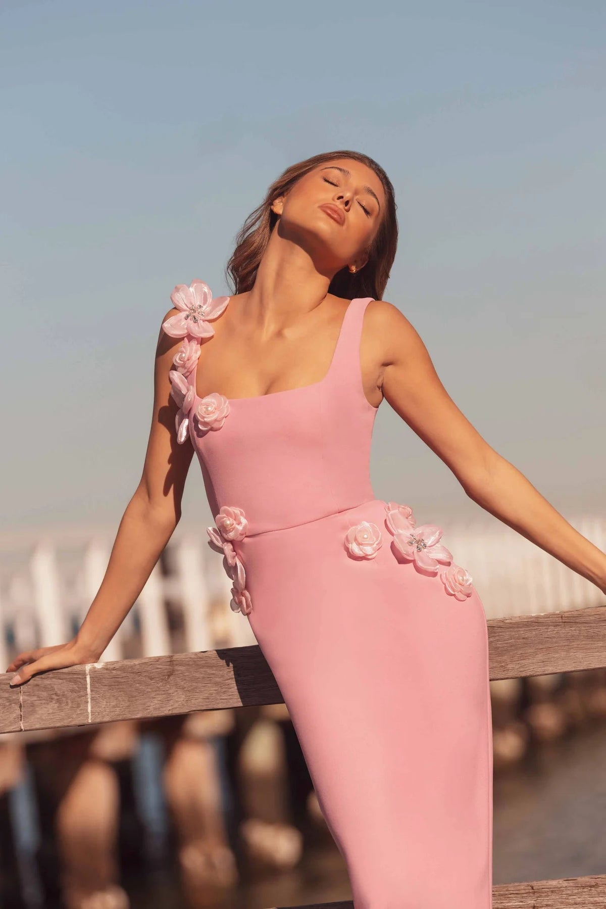 Sabrina 3D Flower Midi Dress in Pink Soraya