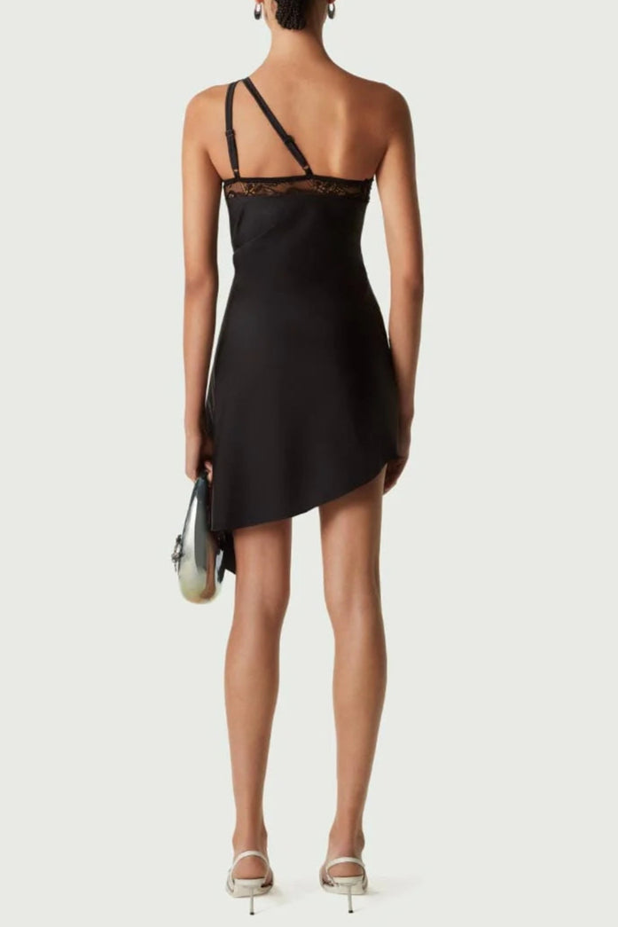 One-Shoulder Lace Hollow Mini Dress in Black Avalabel