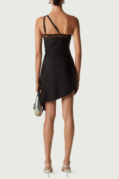 One-Shoulder Lace Hollow Mini Dress in Black