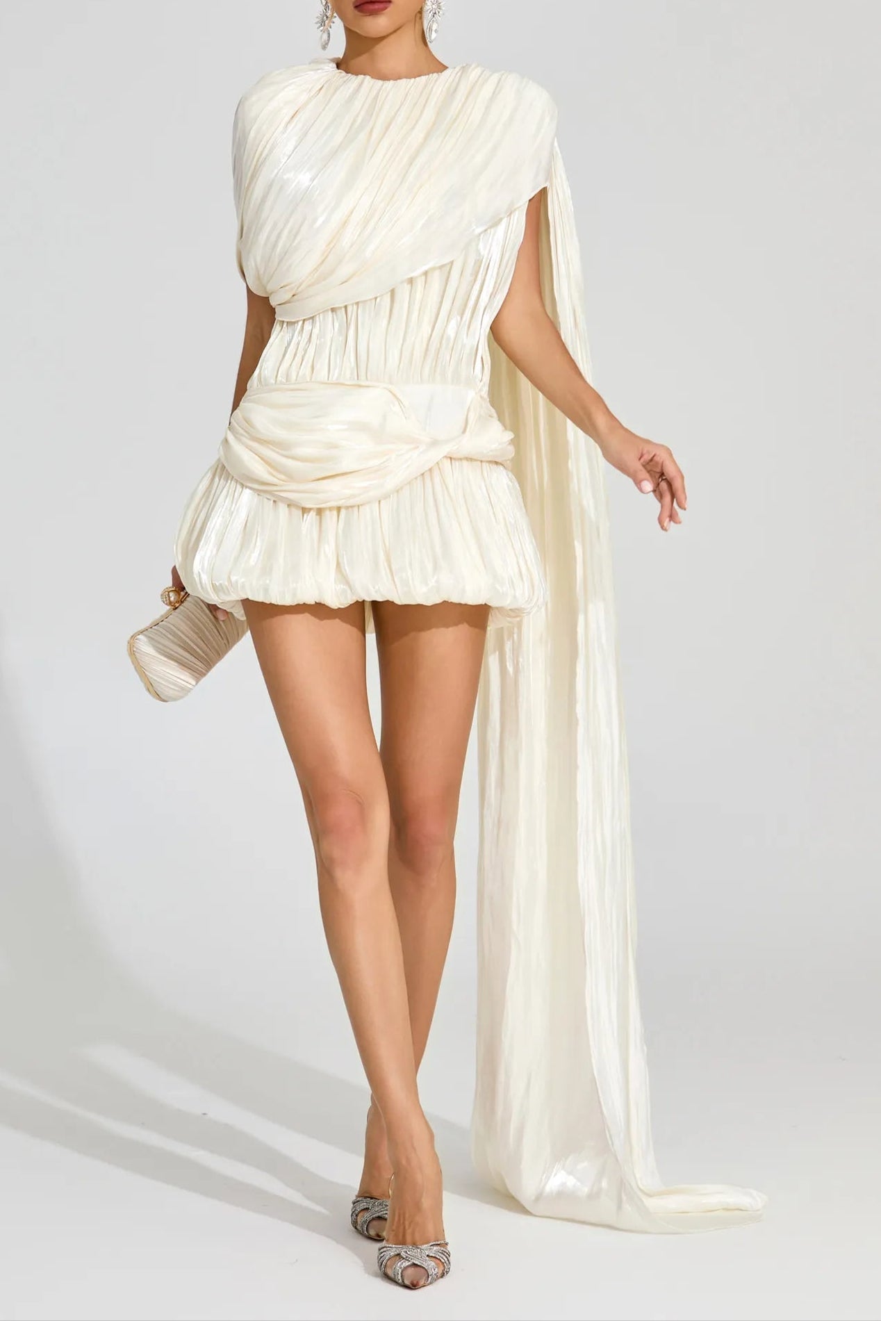 Cornelia Apricot Pleated Draped Mini Dress Avalabel