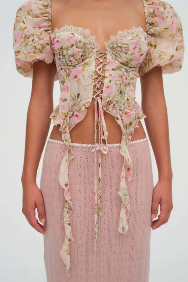 Pink Tie-Drape Chiffon Shirt with Ruffled Puff Sleeves Avalabel