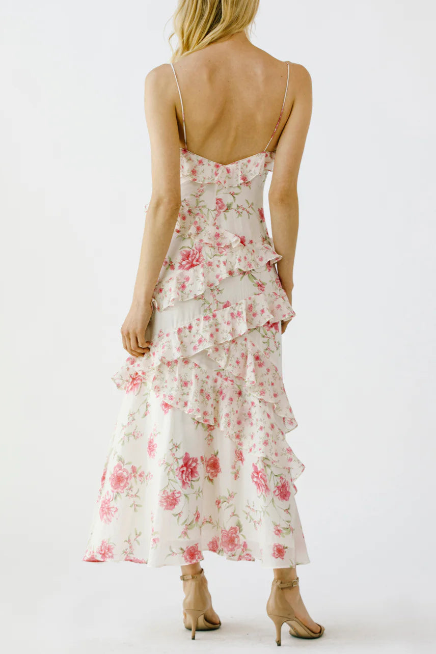 Floral Ruffle Tiered Maxi Dress - Pink & Lvory Avalabel