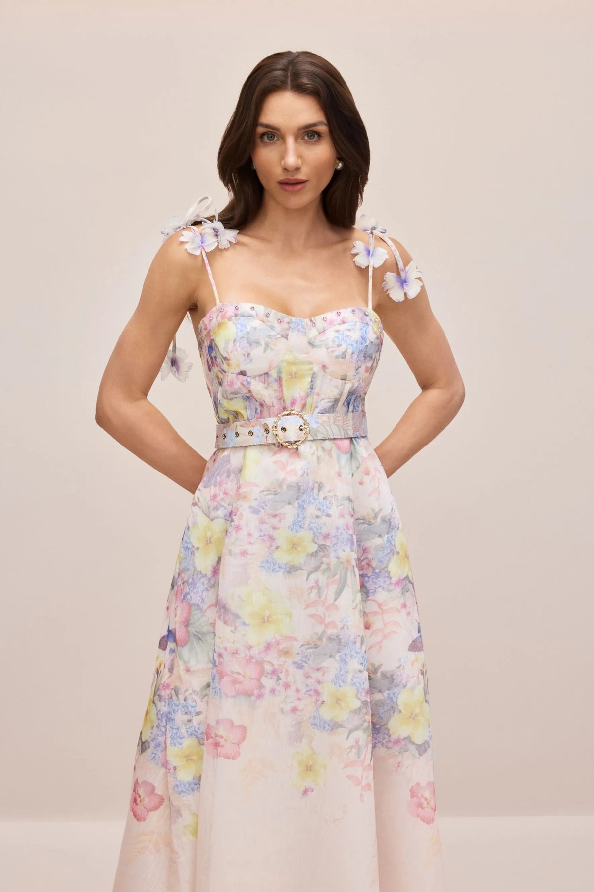 Emily Floral Printed Strap Corset Maxi Dress Avalabel