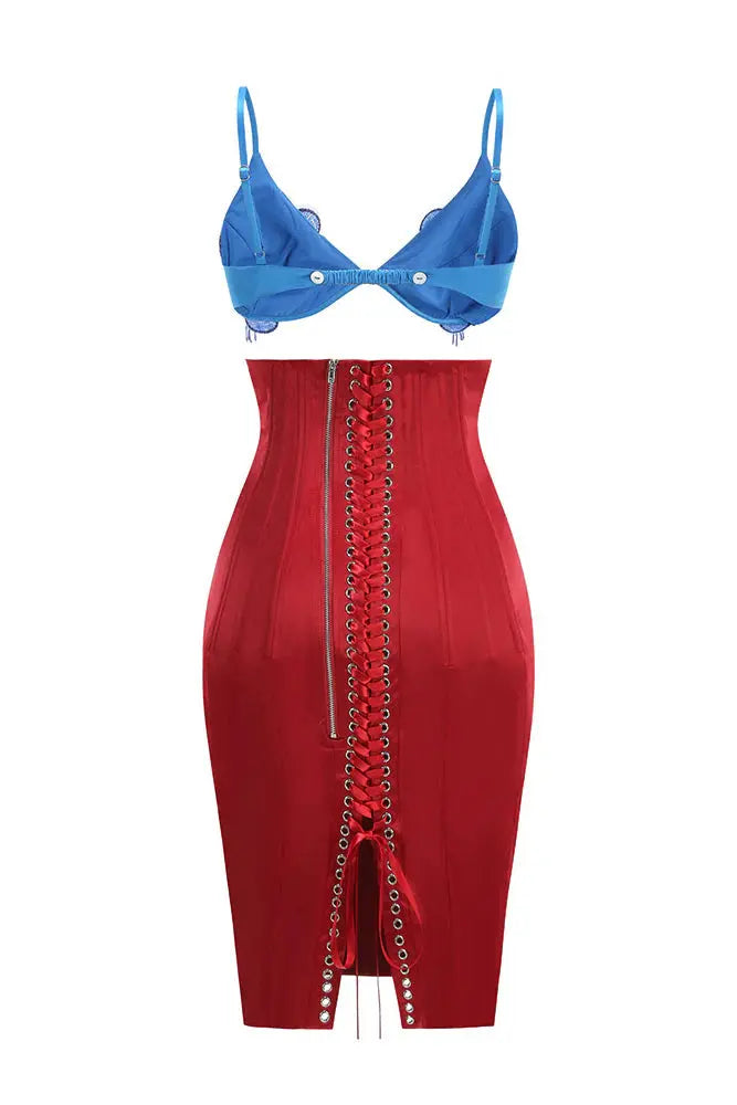 gwendolyn red Beaded Applique Lace-up mini Dress set Avalabel