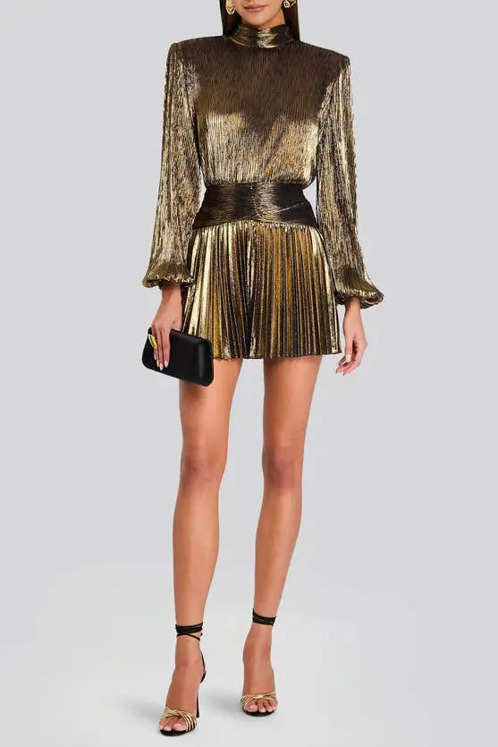 nancy High-necked lantern sleeve pleated mini dress in gold Avalabel