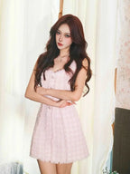 ophelia Pink square neck Tweed Trim mini Dress Avalabel