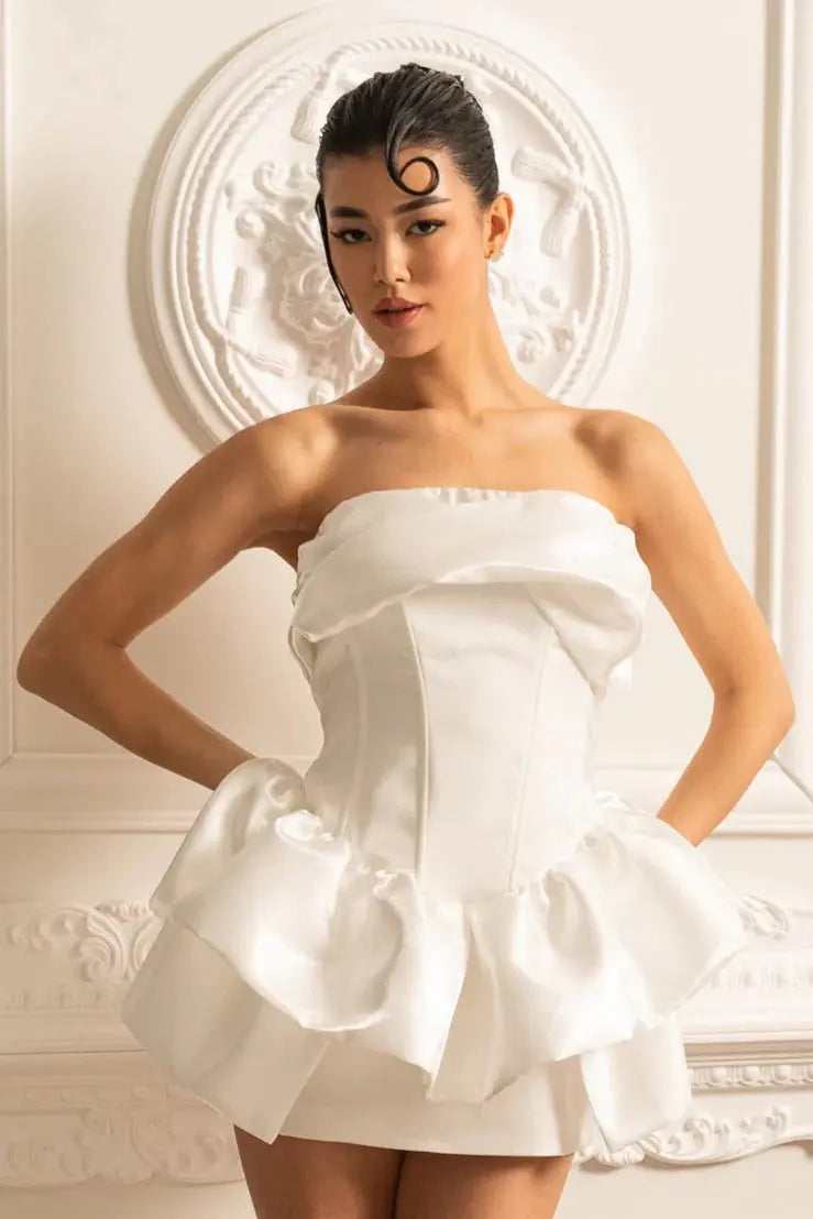 elizabeth Strapless Draped Ruffle mini Dress in white Avalabel