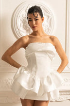 elizabeth Strapless Draped Ruffle mini Dress in white Avalabel