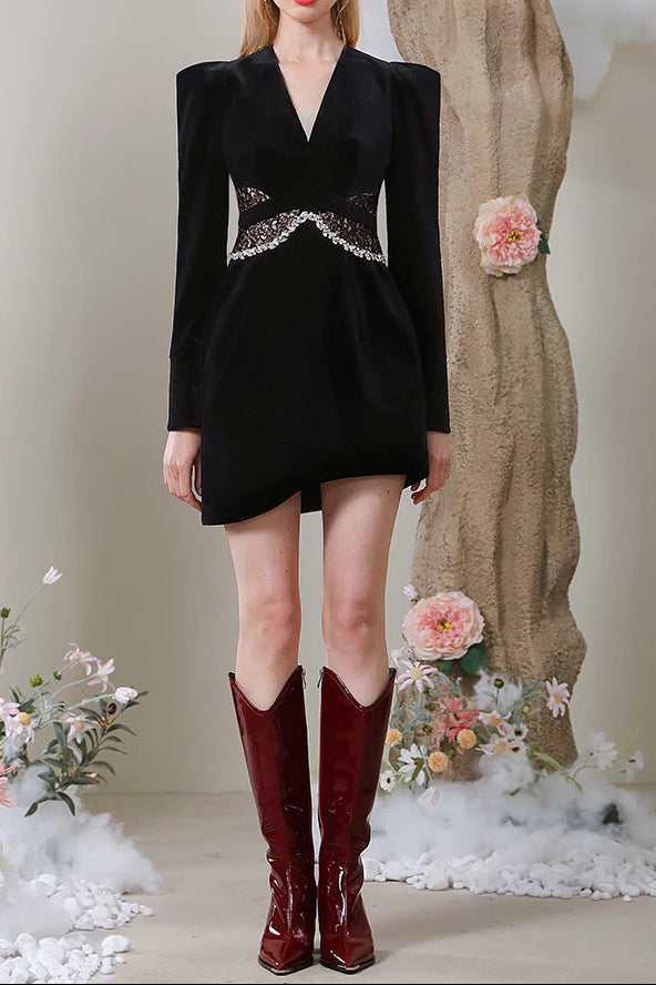 quintina black Lace V-Neck Asymmetry mini blazer dress Avalabel