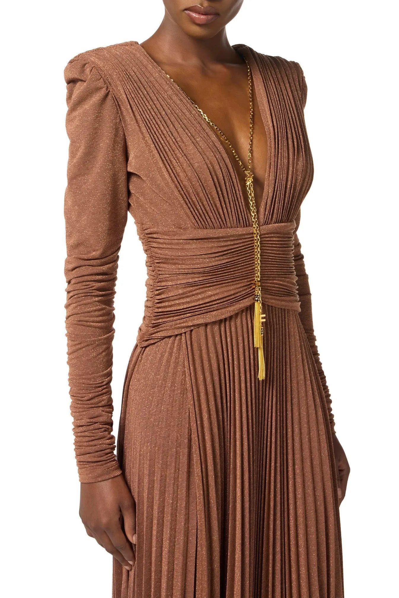 meroy Deep V puff sleeve pleated maxi dress in brown Avalabel