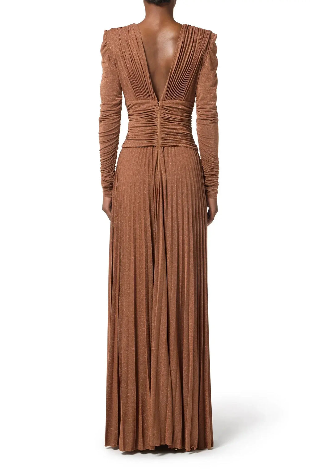 meroy Deep V puff sleeve pleated maxi dress in brown Avalabel