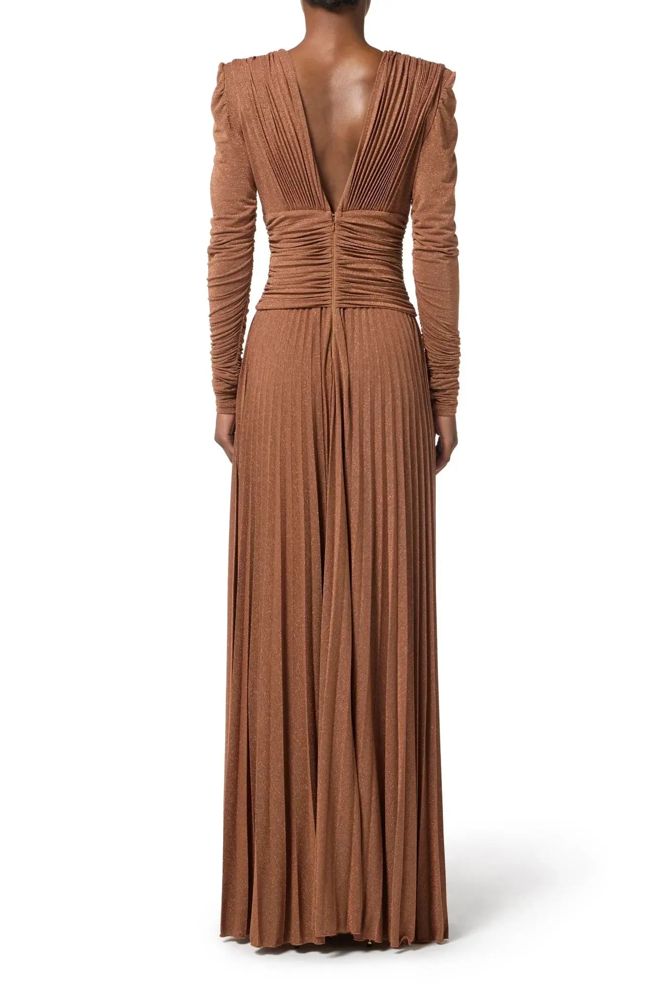 meroy Deep V puff sleeve pleated maxi dress in brown Avalabel