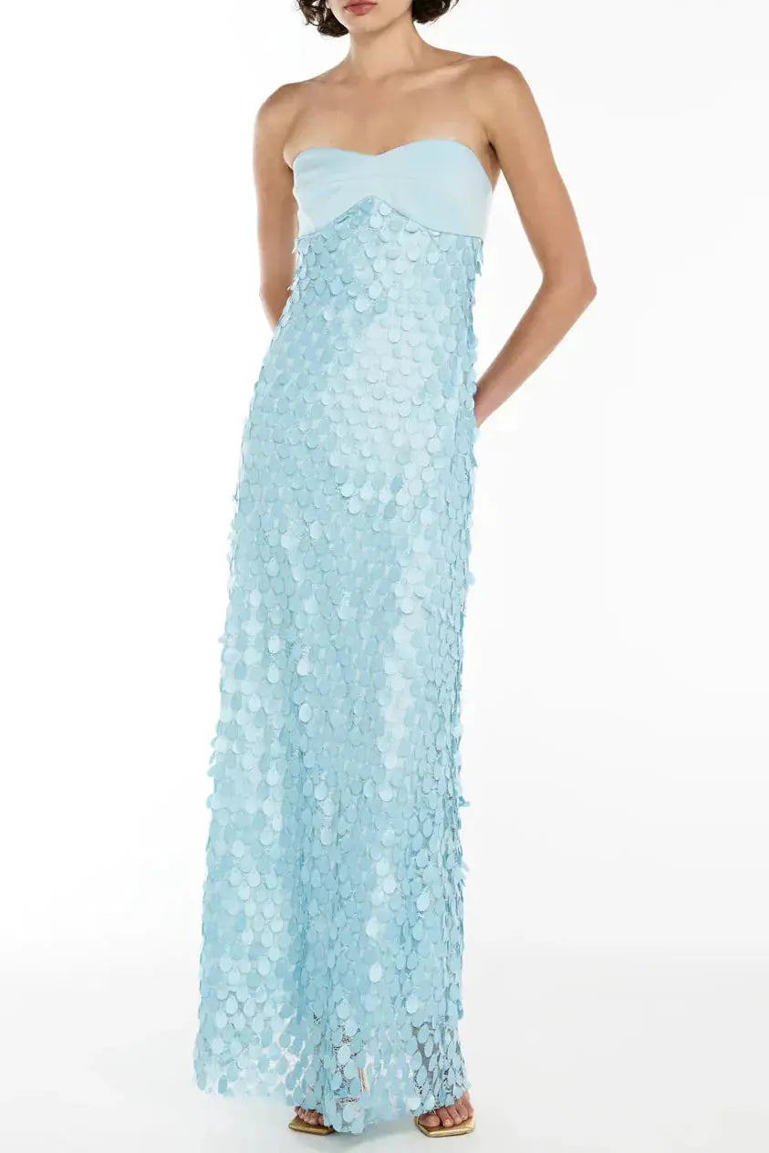 iris Lace sequin backless maxi dress in blue Avalabel