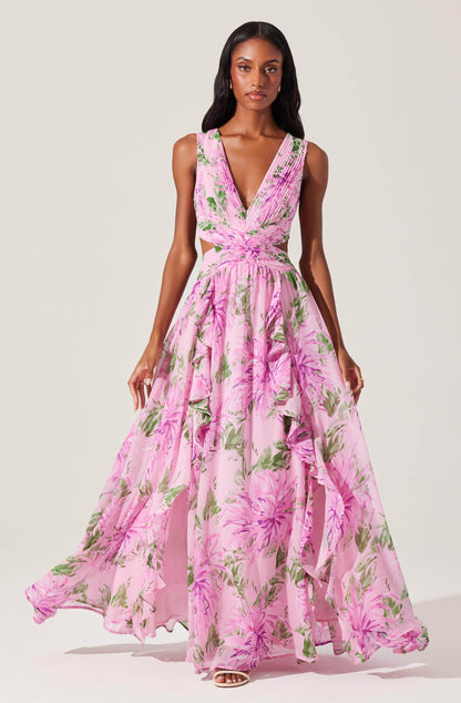 Alyssa Ruffle Floral Cutout Maxi Dress in Pink
