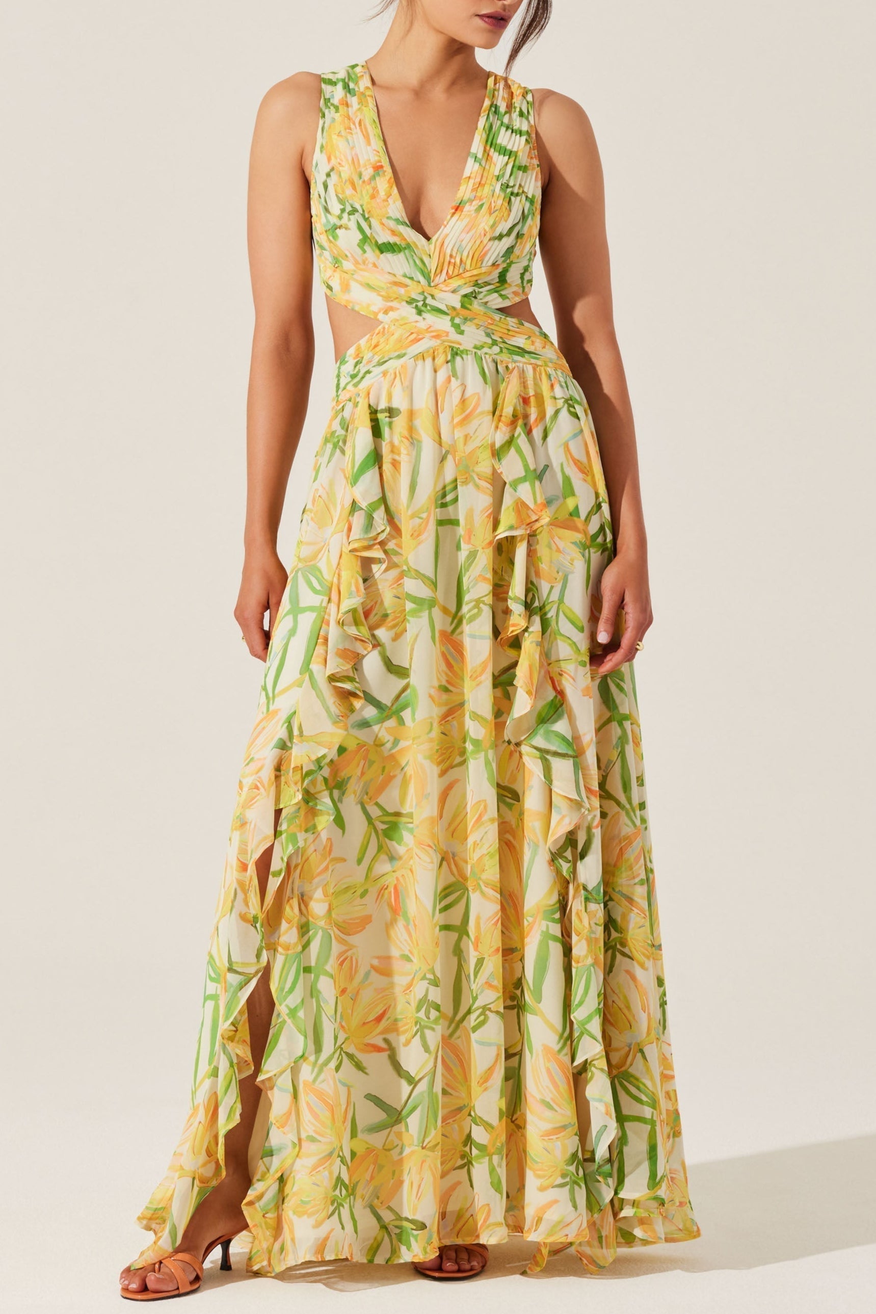 Alyssa Ruffle Floral Cutout Maxi Dress in Yellow Avalabel