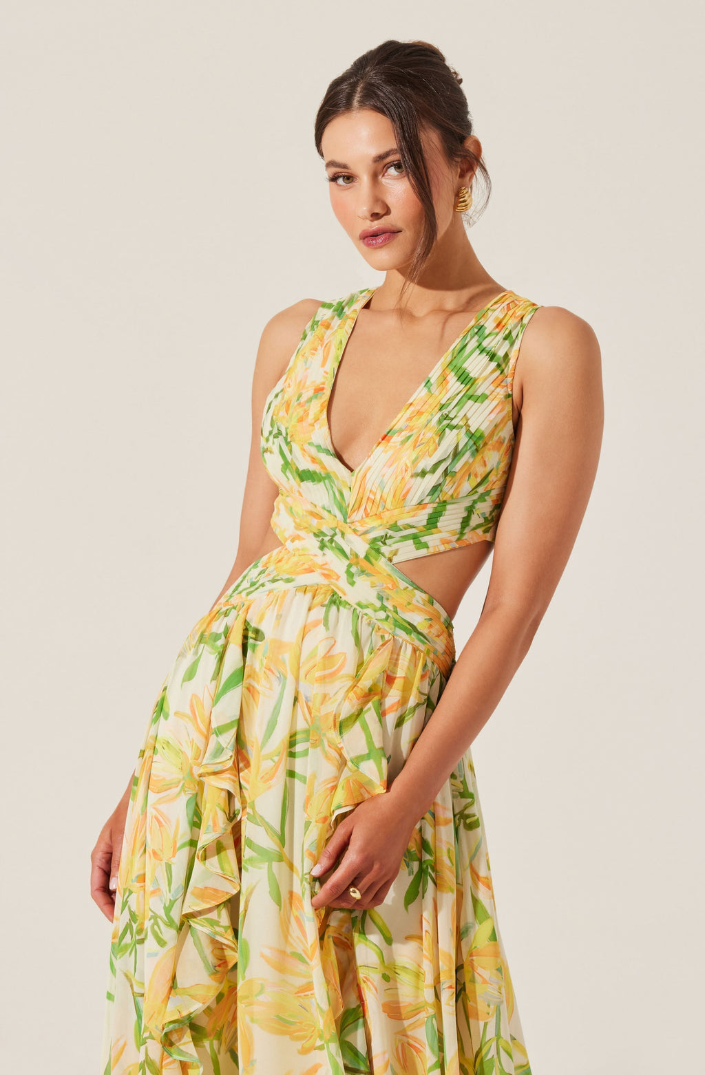 Alyssa Ruffle Floral Cutout Maxi Dress in Yellow Avalabel