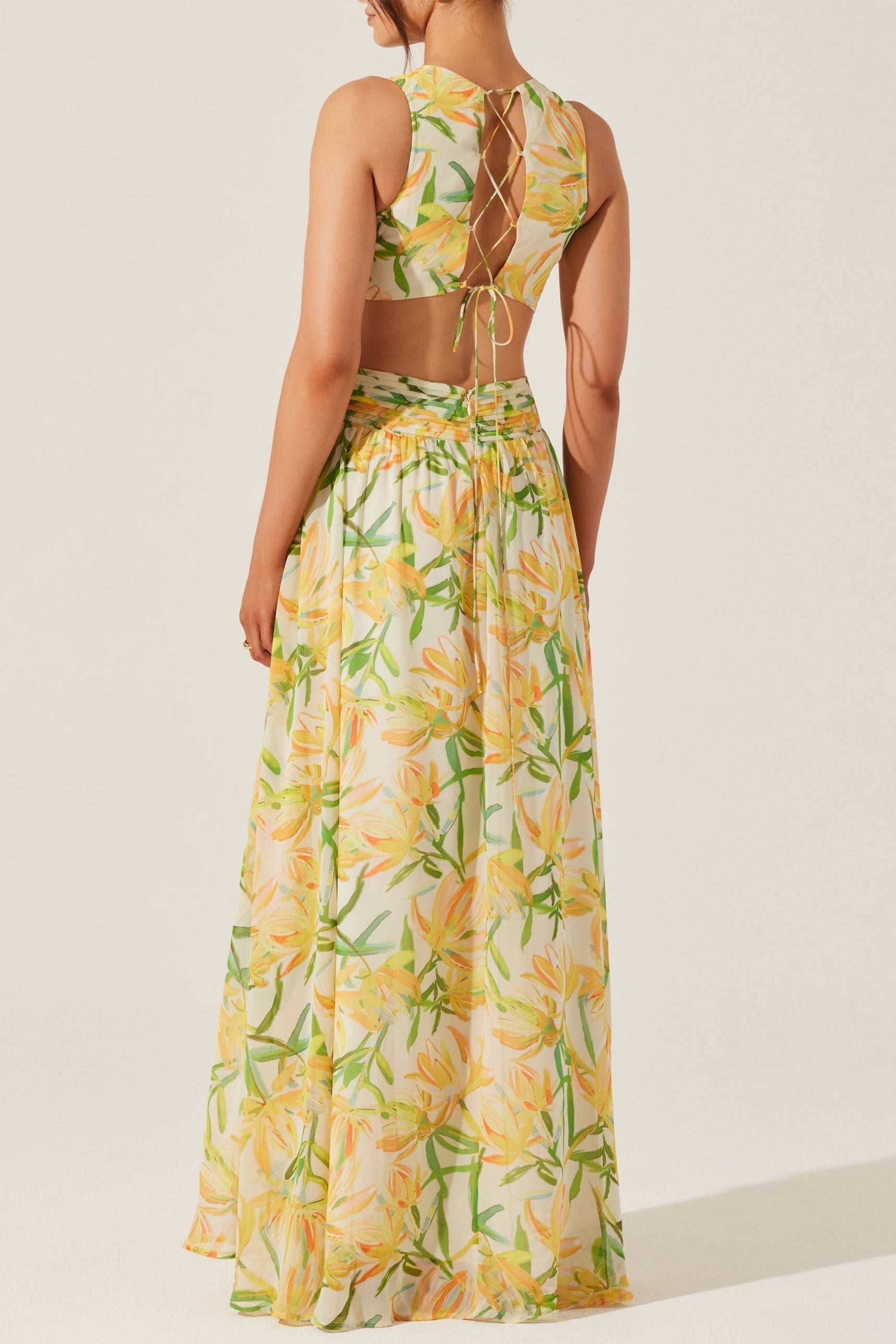 Alyssa Ruffle Floral Cutout Maxi Dress in Yellow Avalabel