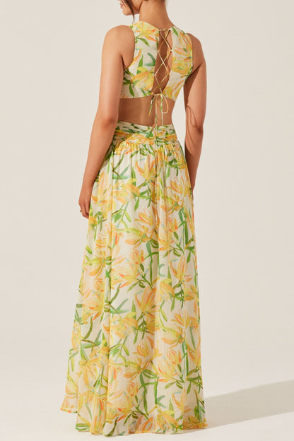 Alyssa Ruffle Floral Cutout Maxi Dress in Yellow Avalabel