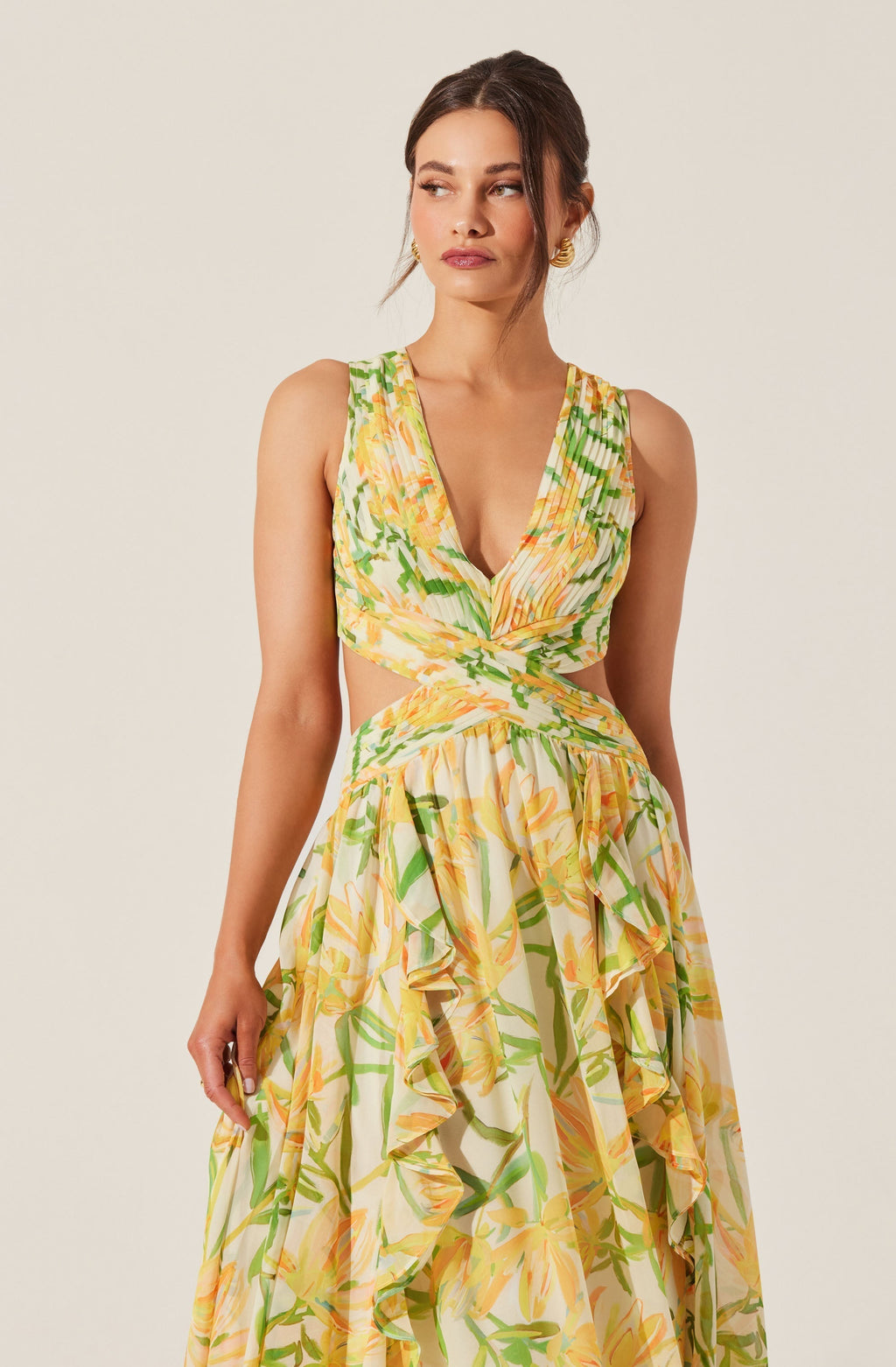 Alyssa Ruffle Floral Cutout Maxi Dress in Yellow Avalabel