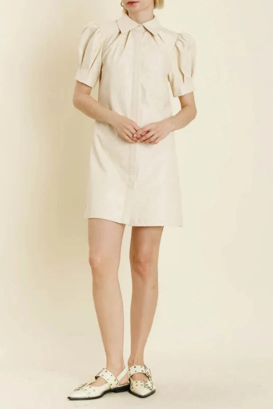 White Lapel Collar Leather Puff Sleeves Mini Dress