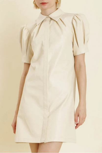 White Lapel Collar Leather Puff Sleeves Mini Dress