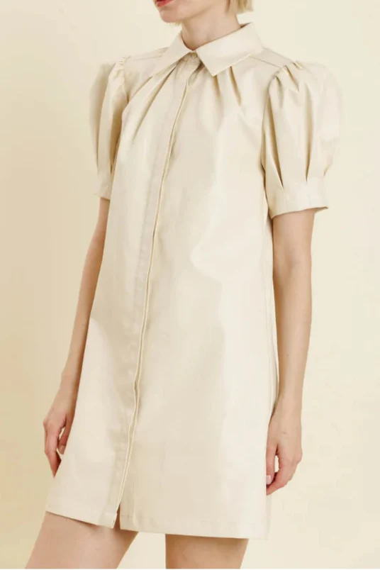 White Lapel Collar Leather Puff Sleeves Mini Dress