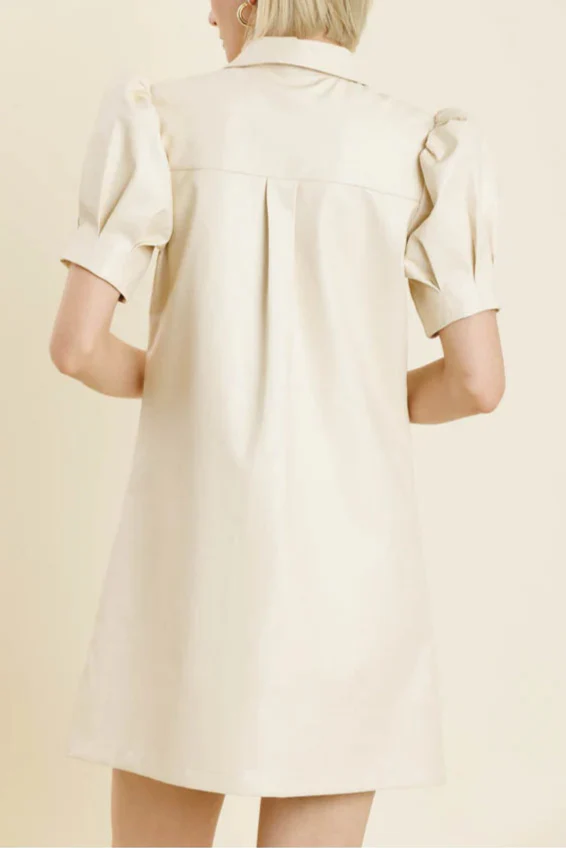 White Lapel Collar Leather Puff Sleeves Mini Dress