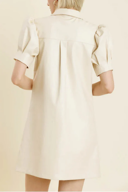 White Lapel Collar Leather Puff Sleeves Mini Dress